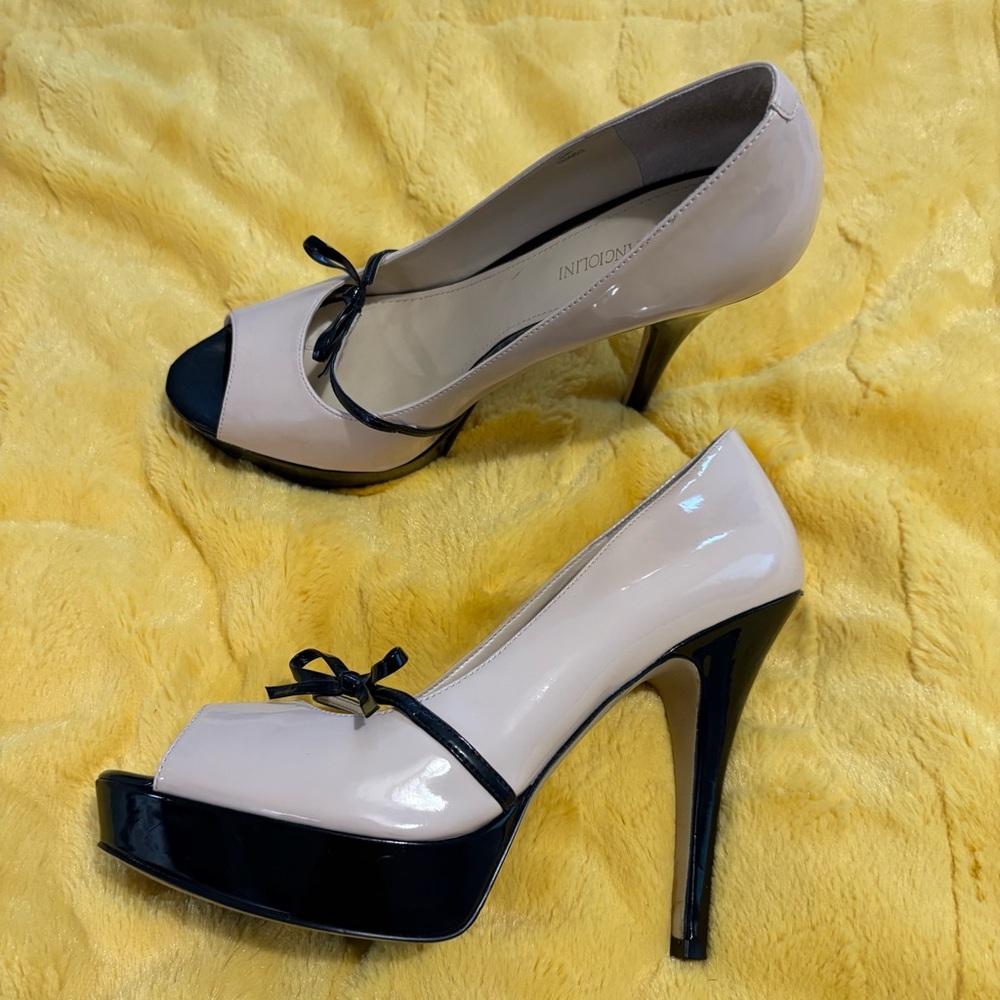 Enzo Angiolini Black and Cream Peep-Toe Heels